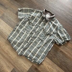 Filson Washed Short Sleeve Feather Cloth Shirt Men's Sz L Safe Green Plaid STAIN